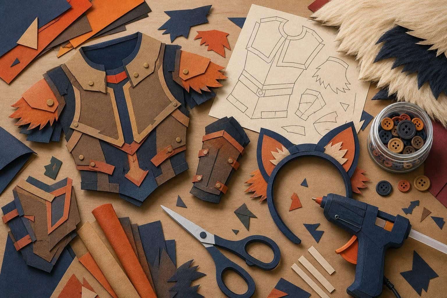 A costume workbench with cardboard armour pieces, scissors and a glue gun