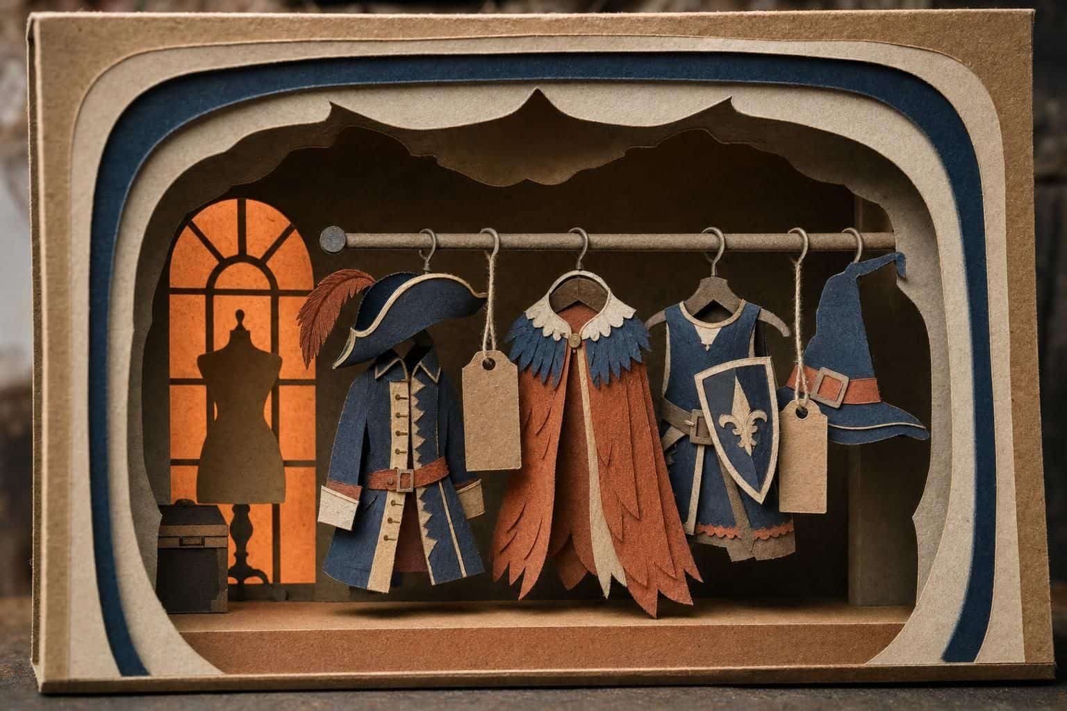 A costume rail with a pirate coat and hat, a feathered cape, a knight's tunic with shield.